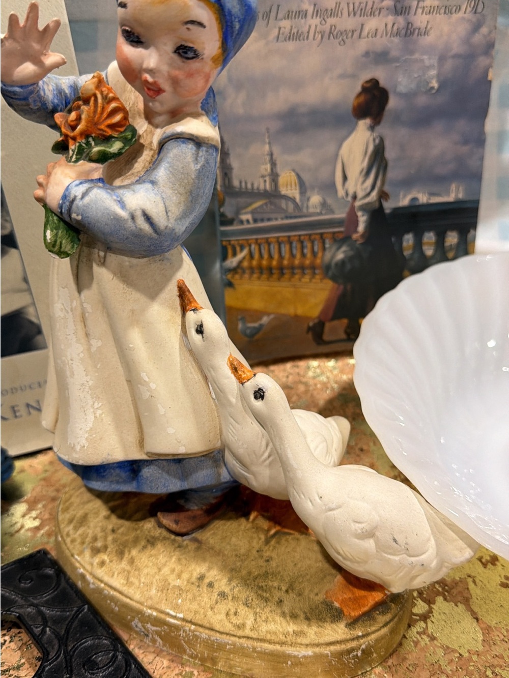 Vintage Porcelain Girl with Geese Figurine - Blue & White